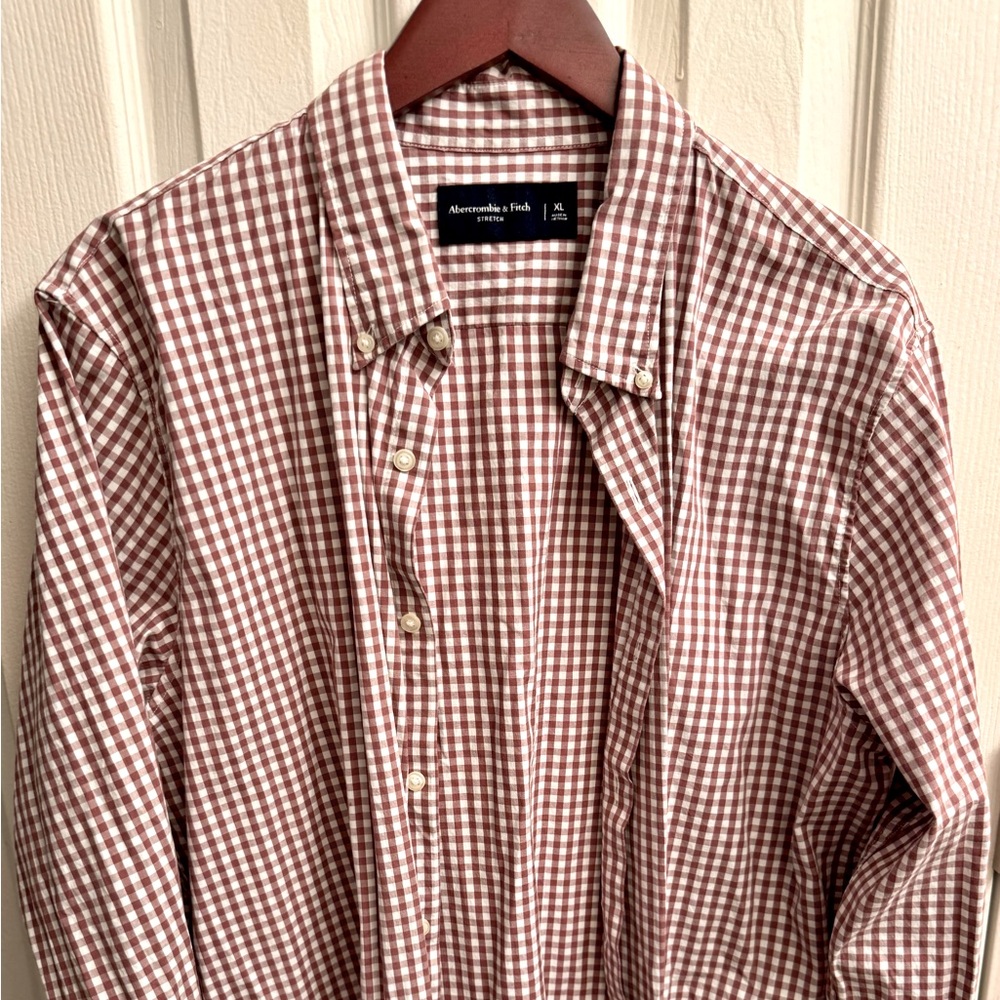 Abercrombie & Fitch Stretch-Fit Button Down Gingham Shirt- Red/Wh Plaid, XL